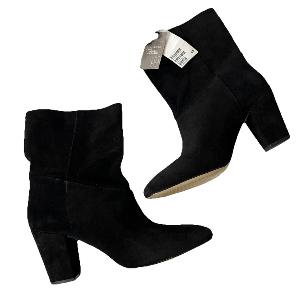 H&M Women's 8.5 Black Suede Leather Pull On Bootie Heels NWT